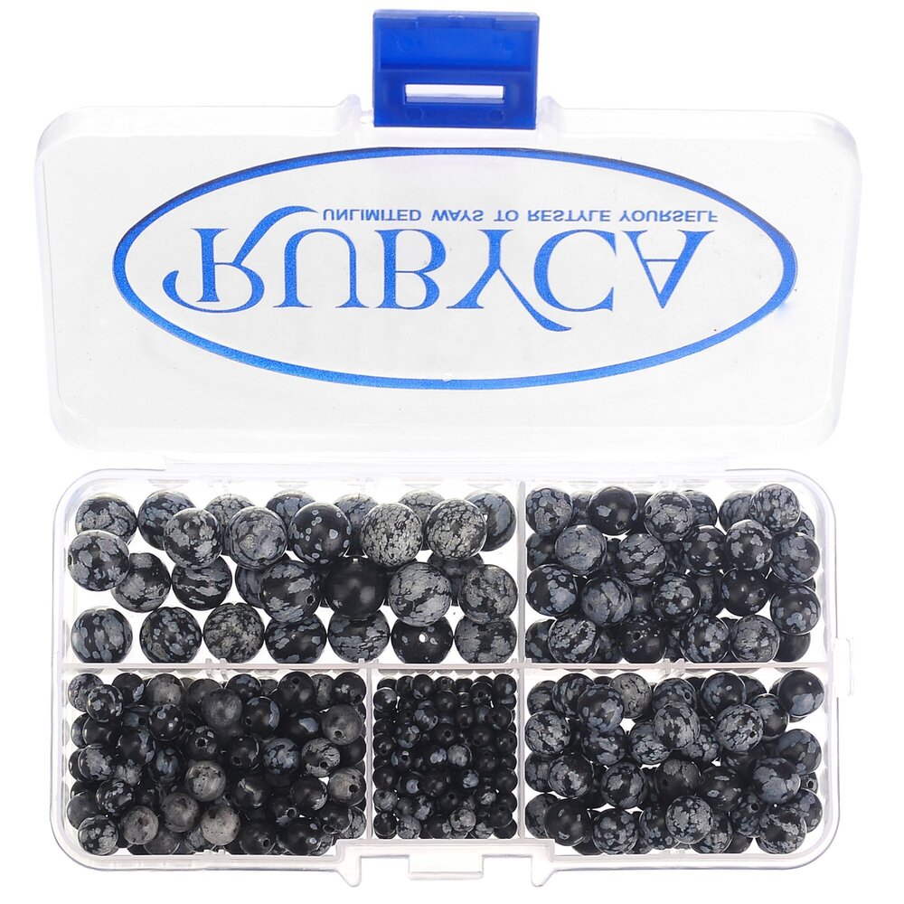9468 Natural Snow Obsidian Gemstone Round Loose Bead Organizer Box